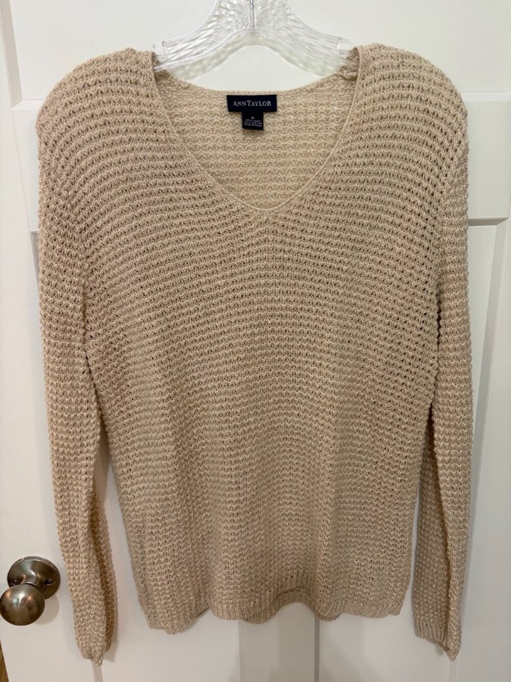 Ann Taylor Linen Cotton Open Knit Sweater Medium Beige V Neck Lightweight Boho